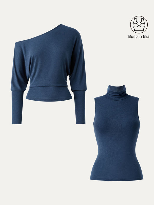 2Pcs Set Lyocell Cashmere Cold-Shoulder Semi-Sheer Top & Turtleneck Brami Tank