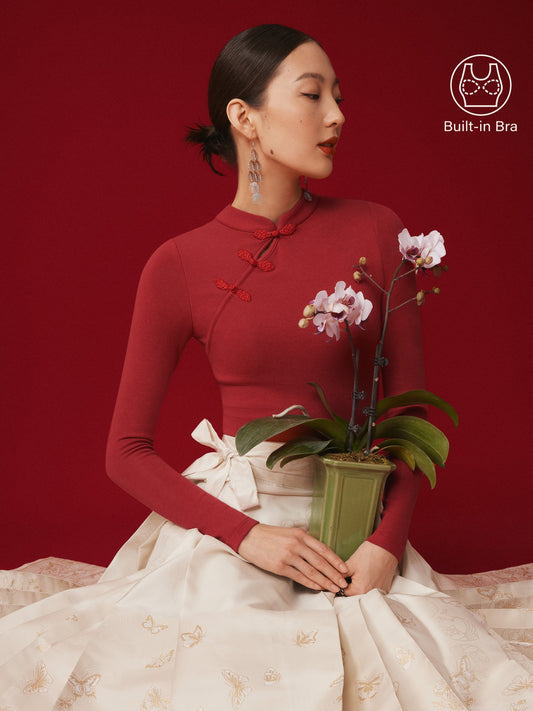 Mandarin Collar Asymmetric Frog Button Brami Top