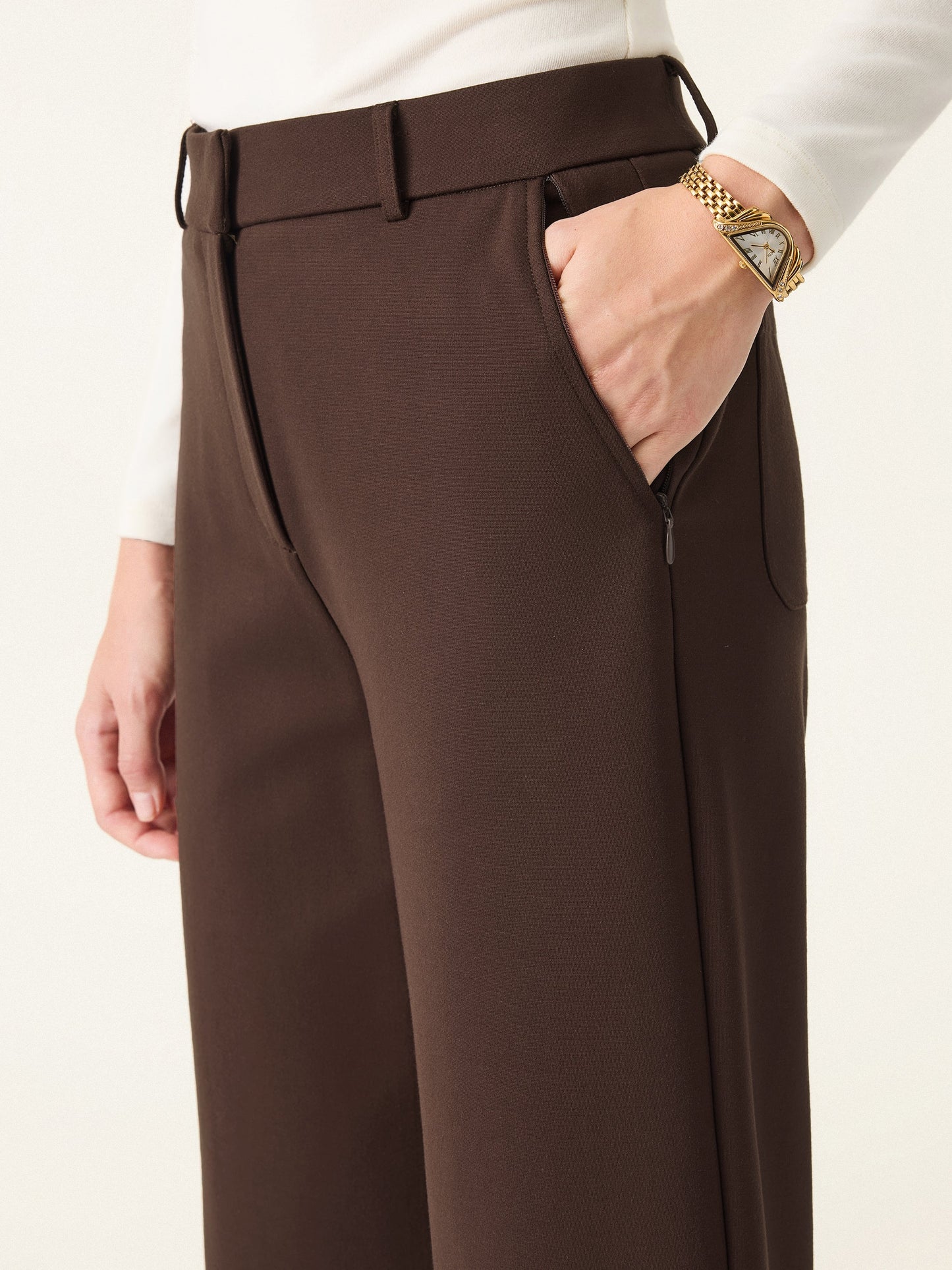 2Pcs Set Boatneck Blazer & High Rise Wide Leg Trousers with Zippered Pockets