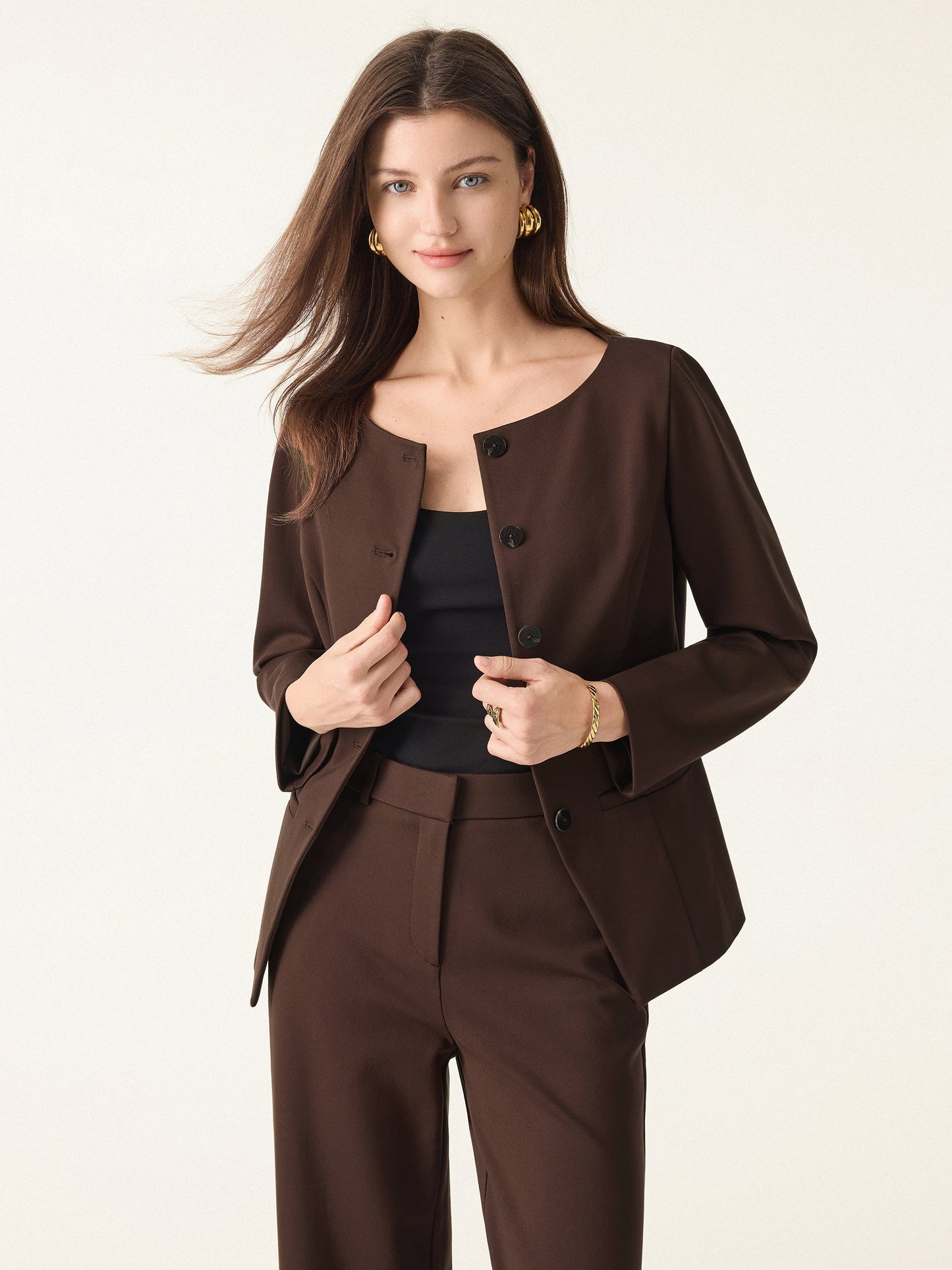 2Pcs Set Boatneck Blazer & High Rise Wide Leg Trousers with Zippered Pockets
