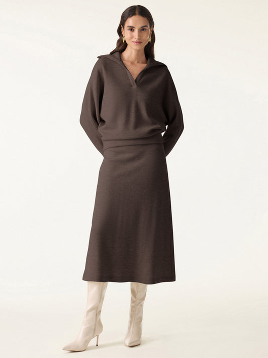 2Pcs Set Collared V-Neck Batwing Sleeve Pullover & Ribbed Midi Pull-on Skirt