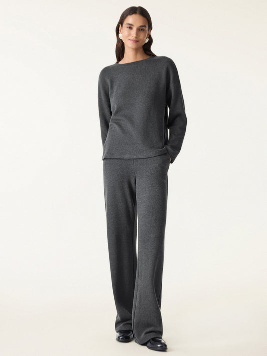 2Pcs Set Crew Neck Long Sleeve Top & Mid Rise Straight Leg Pants with Pockets