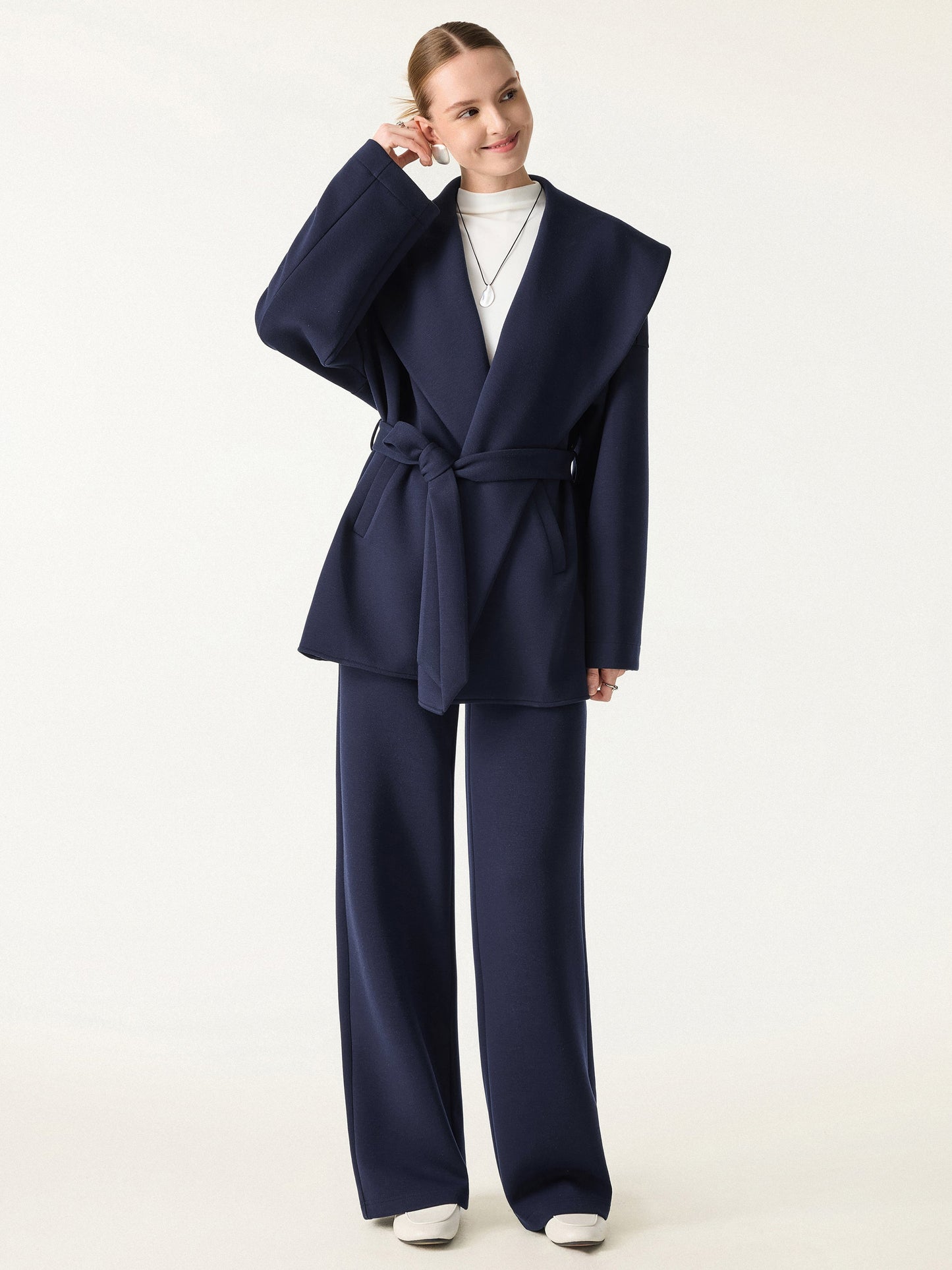 2Pcs Set Belted Shawl Collar Robe Jacket & Mid Rise Straight Pants with Pockets