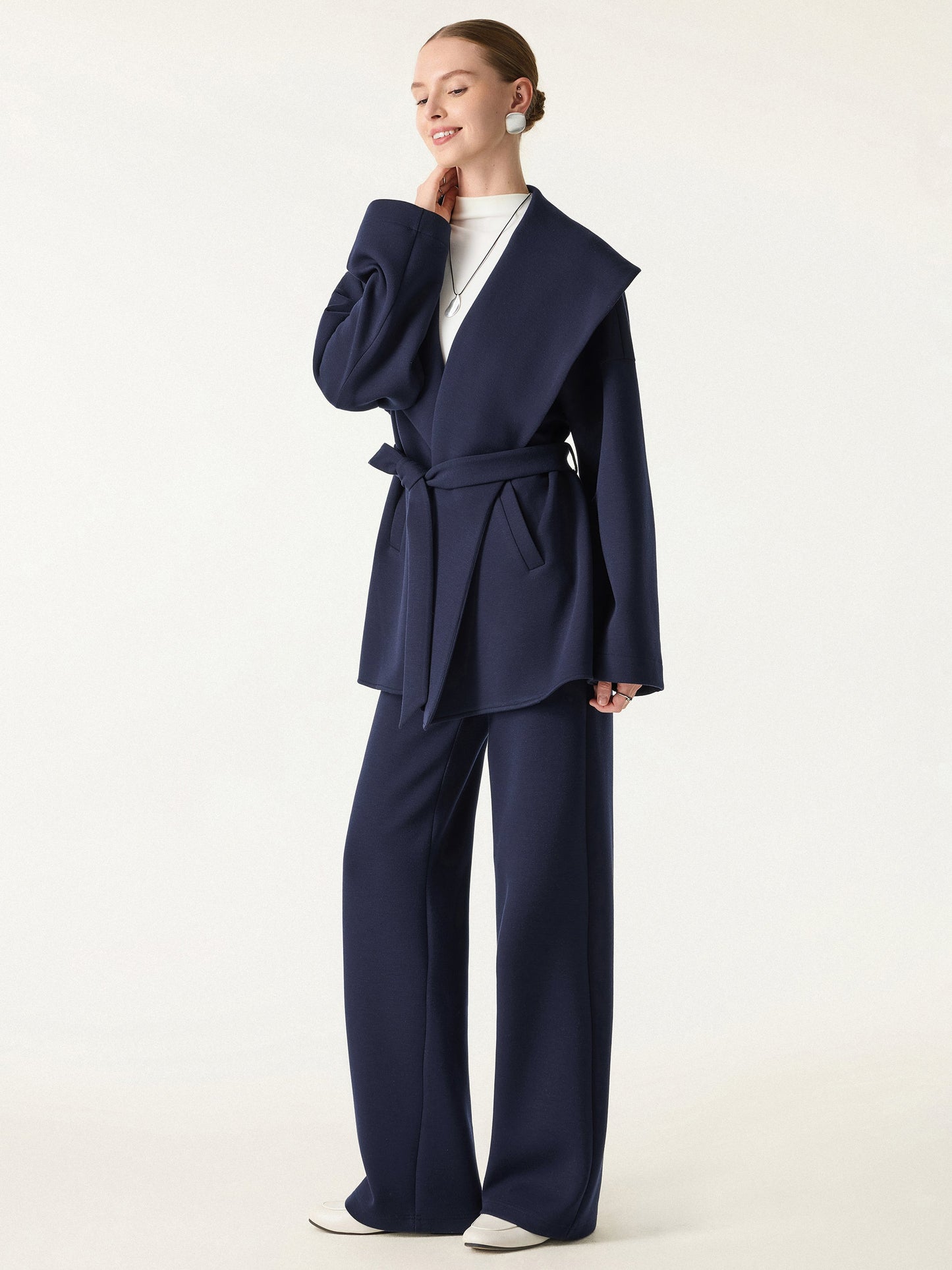 2Pcs Set Belted Shawl Collar Robe Jacket & Mid Rise Straight Pants with Pockets
