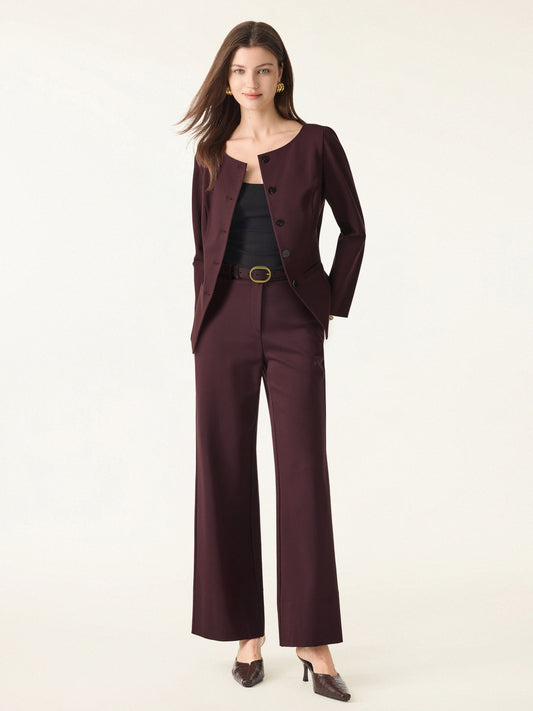 2Pcs Set Boatneck Blazer & High Rise Wide Leg Trousers with Zippered Pockets