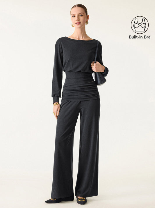 2Pcs Set Boatneck Brami & Drapey Wide Leg Pull-on Pants with Pockets
