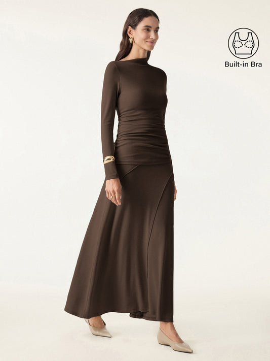 2Pcs Set Slanted Mockneck Ruched Brami & Mid Rise Pull-on Flared Maxi Skirt