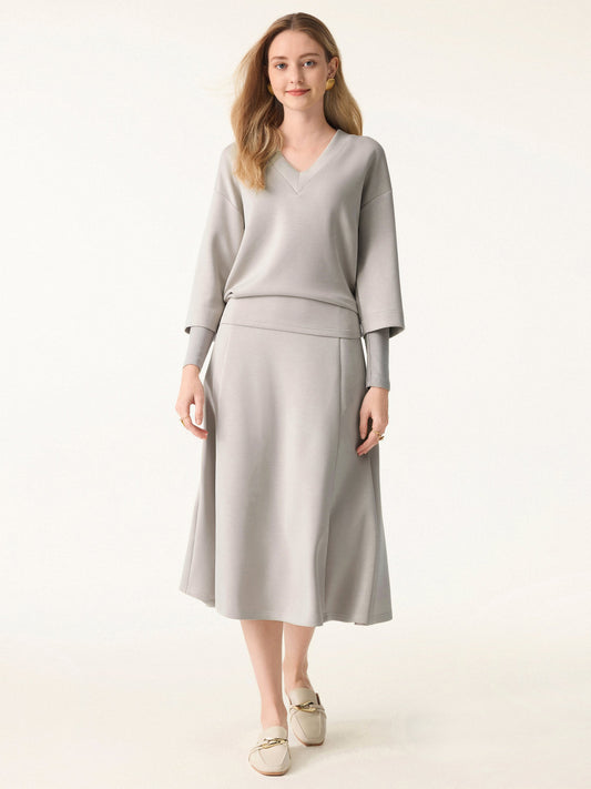 2Pcs Set V-neck Top with Sleeve Warmers & Mid Rise Flared Midi Skirt with Pockets