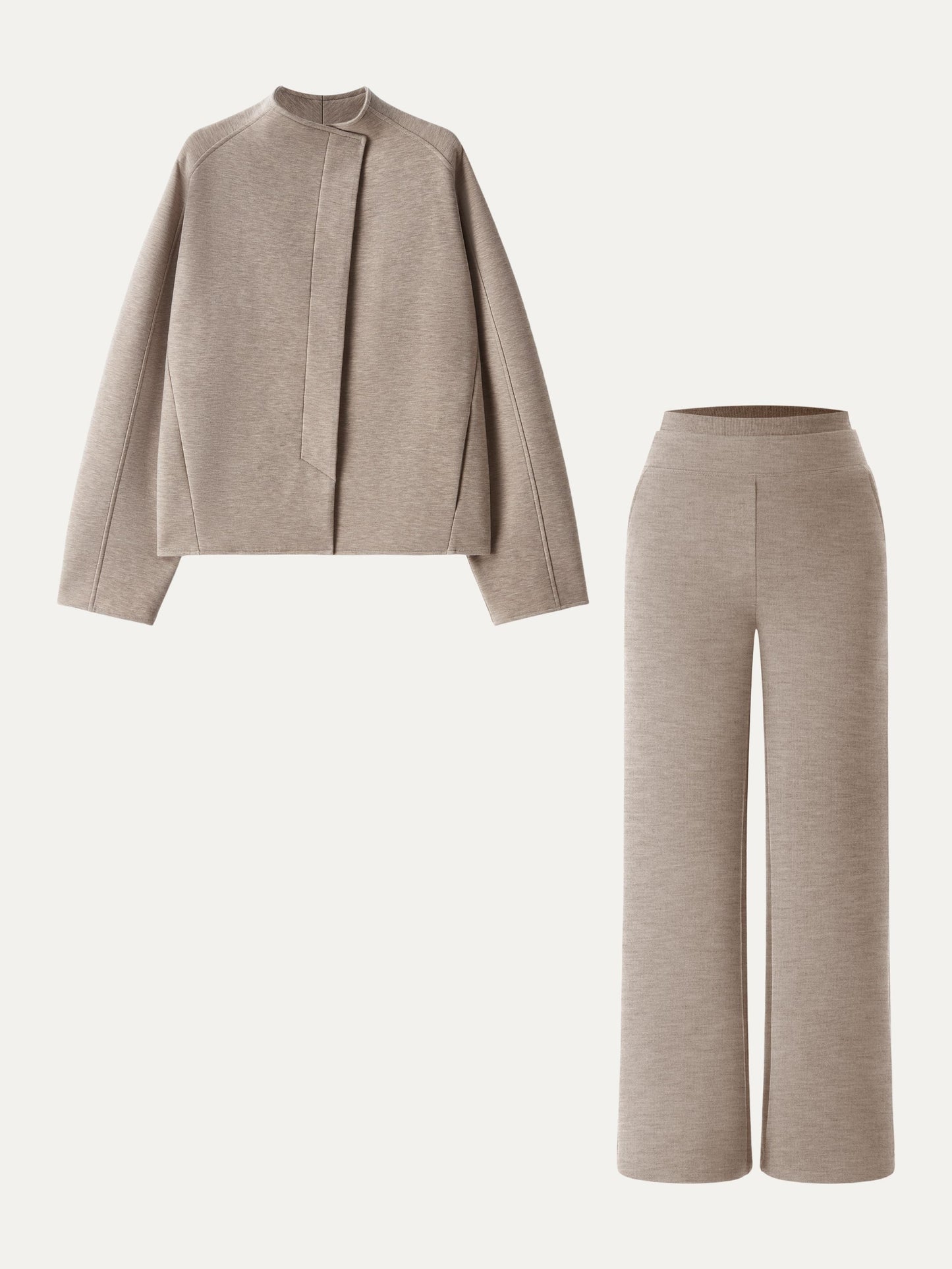 2Pcs Set Stand Collar Jacket & Double Waistband Straight Pants with Pockets