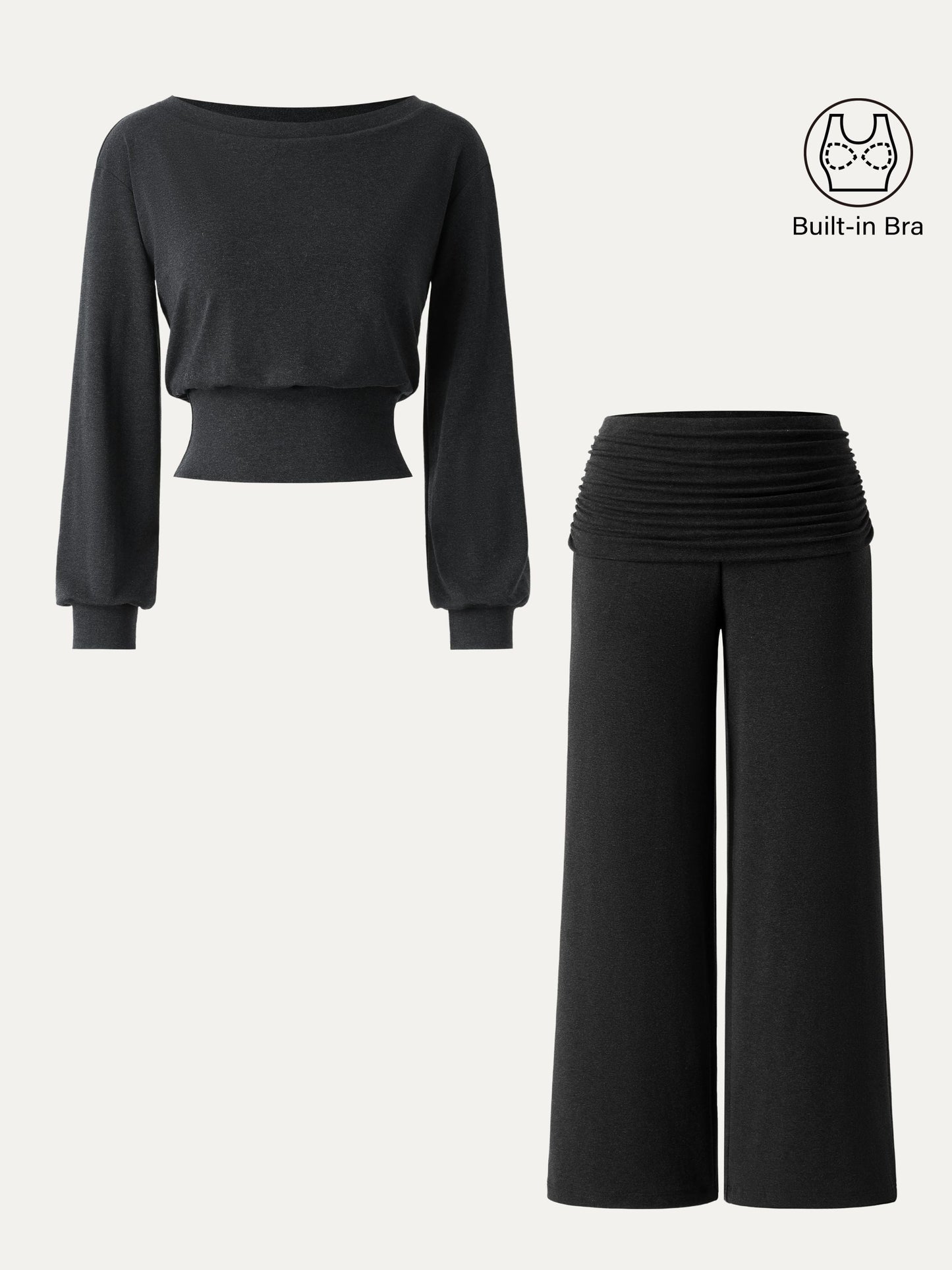 2Pcs Set Boatneck Brami & Drapey Wide Leg Pull-on Pants with Pockets