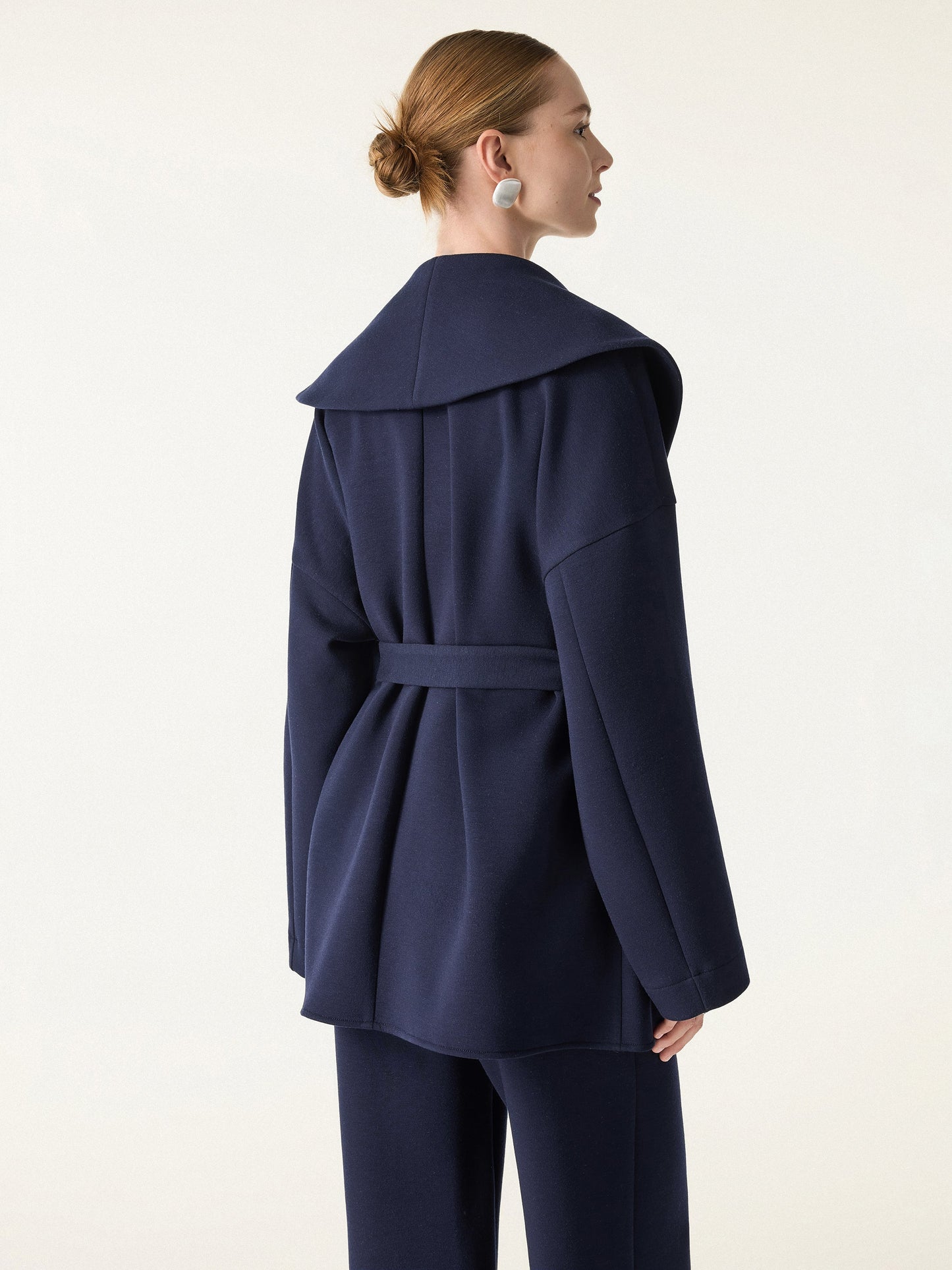 2Pcs Set Belted Shawl Collar Robe Jacket & Mid Rise Straight Pants with Pockets