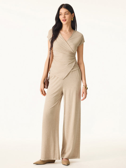 2Pcs Set Lyocell Wool Surplice Cap Sleeve Top & Mid Rise Wide Leg Pants with Pockets
