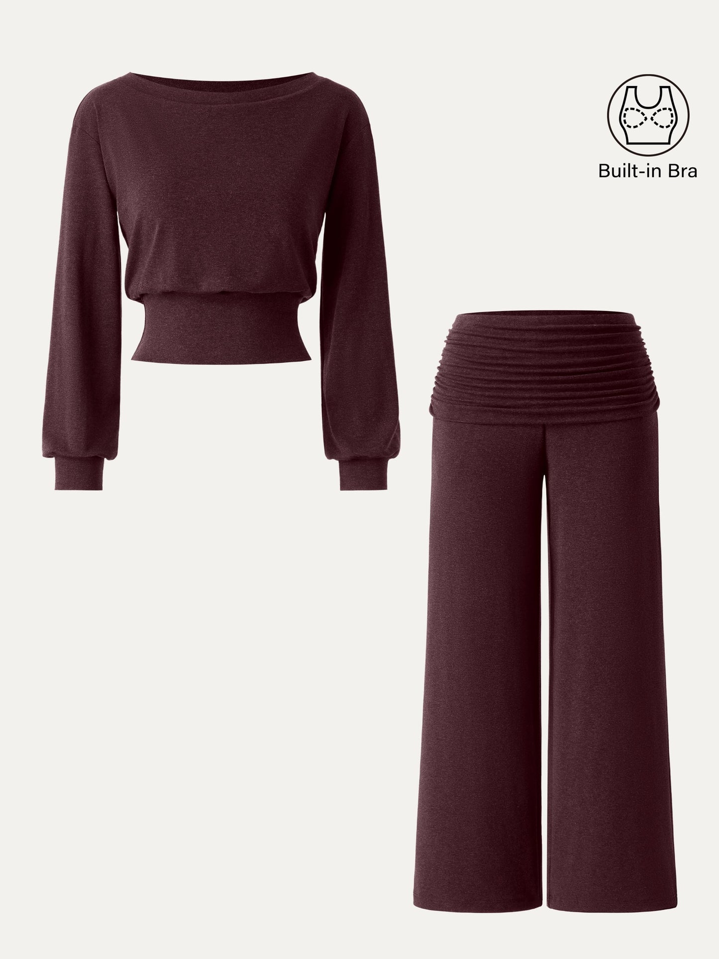 2Pcs Set Boatneck Brami & Drapey Wide Leg Pull-on Pants with Pockets