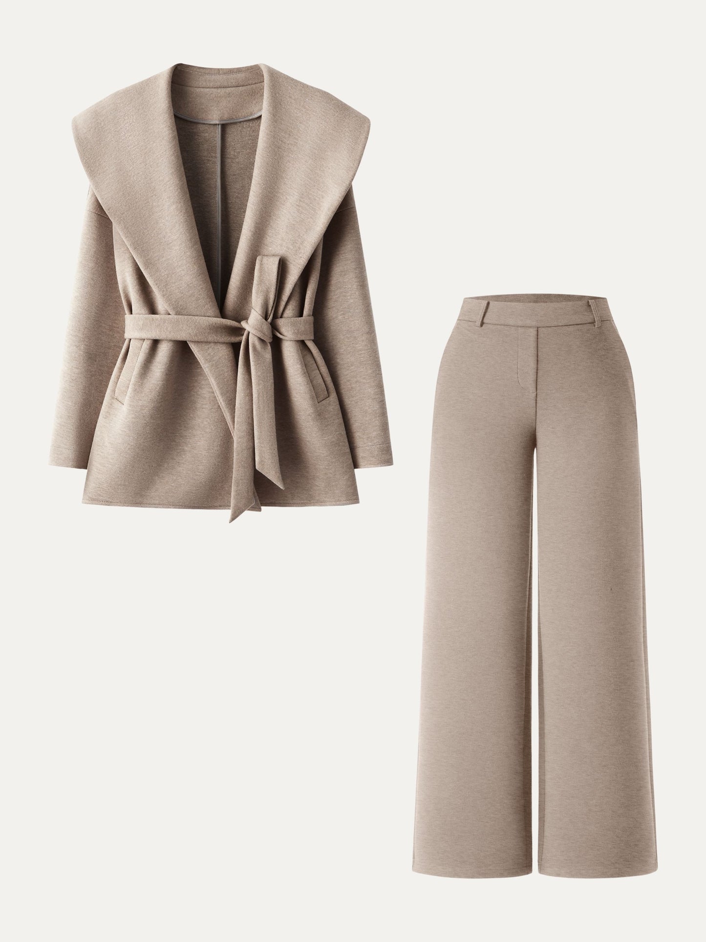2Pcs Set Belted Shawl Collar Robe Jacket & Mid Rise Straight Pants with Pockets