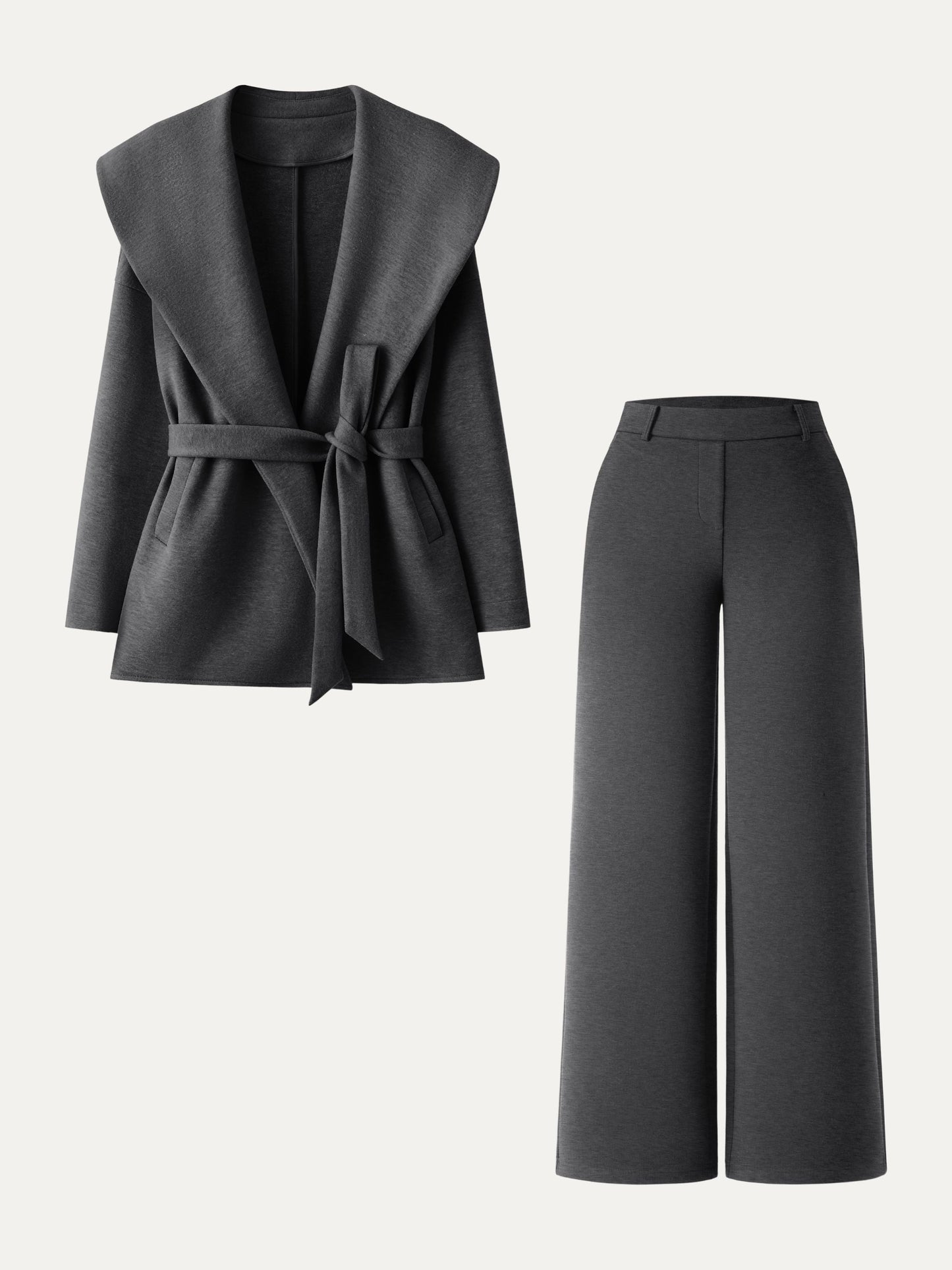 2Pcs Set Belted Shawl Collar Robe Jacket & Mid Rise Straight Pants with Pockets