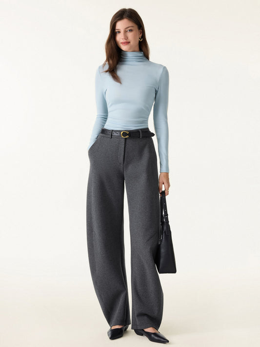 Stretch Mid Rise Barrel Leg Knit Pants with Pockets